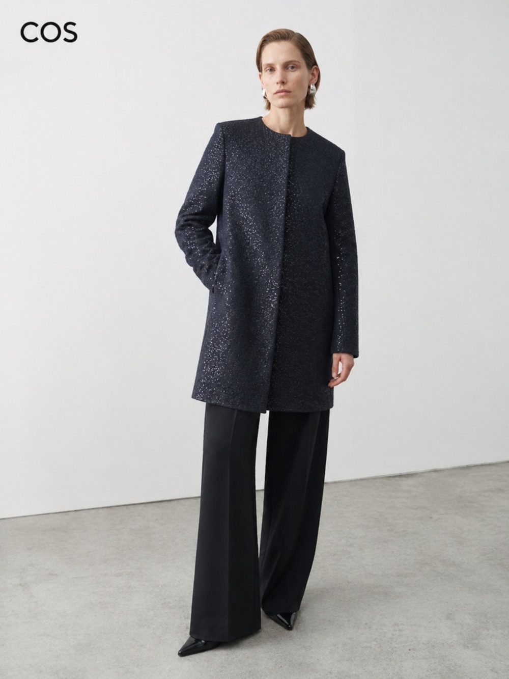 COS Wool Blend Sequin Classic Coat Dark Navy EU 34 (XS–S) NWOT - Picture 1 of 15